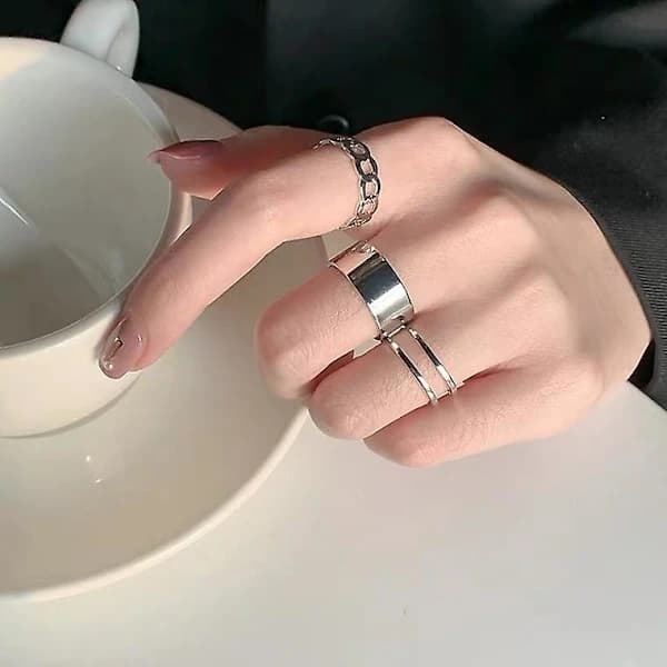 3-pack Silver Staplade Ring Kedja Ring Set Dam Mode
