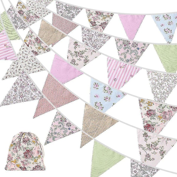 12 m tygbunting, 42 st utomhusbuntingbanner, blommig vintage bomulls triangelformad flagga för Ga