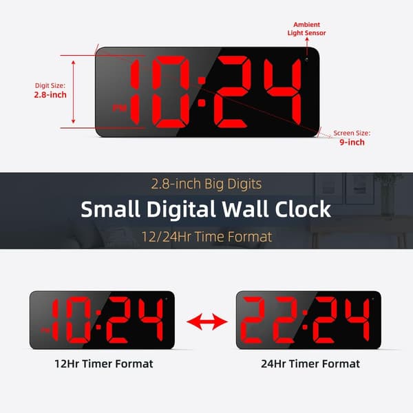 LED digital väggklocka med stor display, stora siffror, automatisk ljusstyrka, lämplig för vardagsrum, sovrum, klassrum