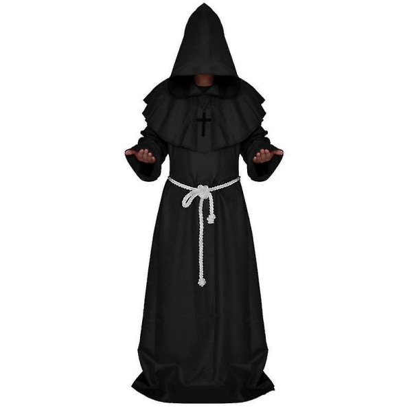 Män Munk Hooded Robe Kappa Cape Friar Medeltida Präst Cosplay kostym Black M