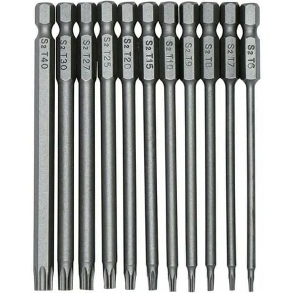 11 kpl 100 mm S2 1/4 tuuman Torx-ruuvimeisselin kärjet Tarkka kuusiovarsi Magneettinen turvaruuvimeisselin poranterä T6-T40 Pitkä Torx-pääruuvimeisseli -
