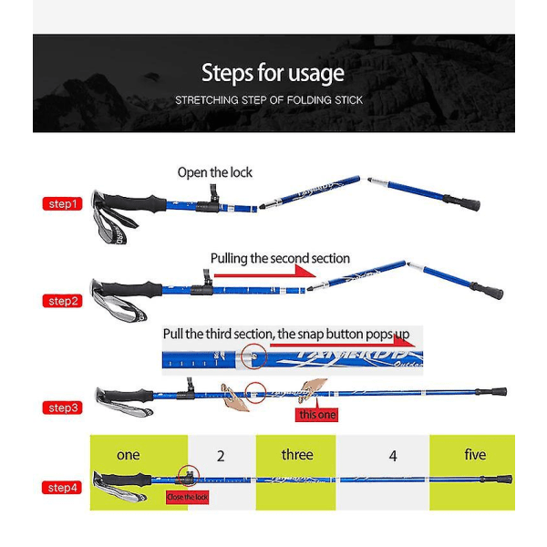 5-sektions fällbara vandringsstavar för utomhusbruk Camping Portable Trekking Pole Club Lätt att lägga i väskan DeepBlue 30cm