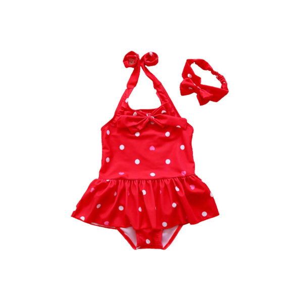 Barn Baby Flickor Polka Dot Grimma Badkläder Rosett Baddräkt i ett stycke + Pannband Set Strandkläder Red 3-4 Years