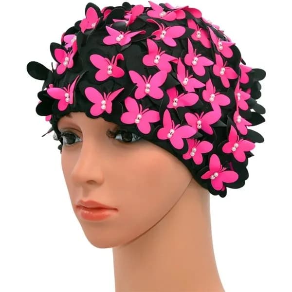 Vintage Badehat, Blomstermønster, Retro Stil, Rød Rose