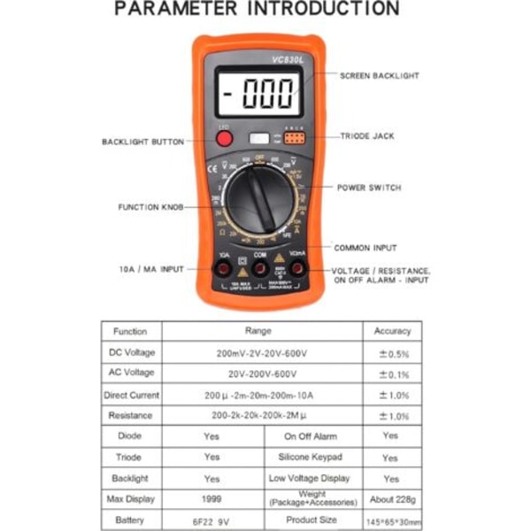 Digital Multimeter, Professionell Elektrisk Testare, Voltmeter/Resistans/Kontinuitet/Dioder Användbar för Laboratorier