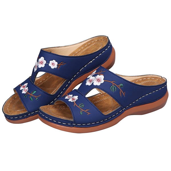 Ortopediska Bloom-skor för kvinnor med öppen tå sandaler Platttofflor för damer Sommar Strand Gummi Mjuk sula Dark Blue 43