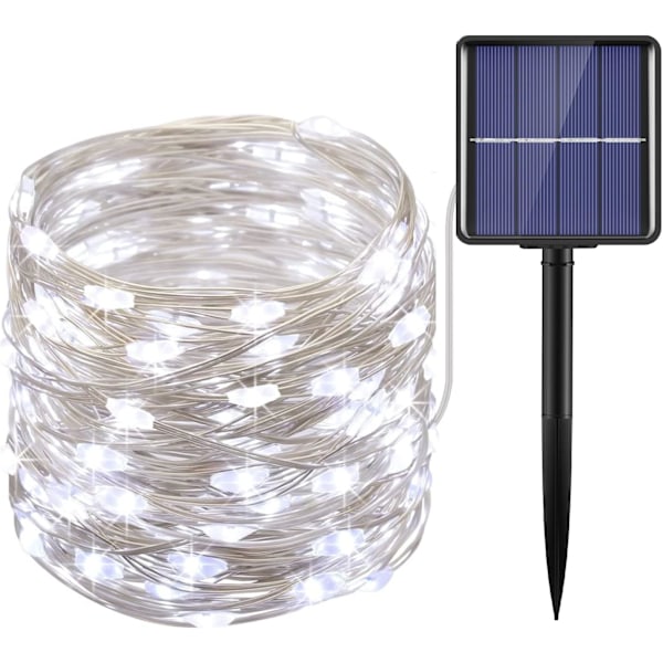 Päivitetyt aurinkokennovalot ulkokäyttöön, 12 m 120 LED 8 tilaa kuparilankavalaisin, aurinkovalot, vedenpitävä aurinko (valkoinen)