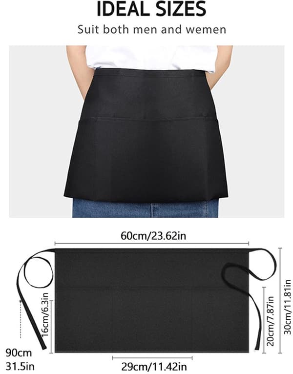 Midjeförkläden, justerbar polyester med 3 fickor, för kök, restauranger, kockar, serveringspersonal, matlagning och bakning, 3-pack, svart
