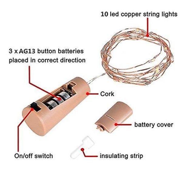 Vinflasklampor med kork, 8-pack batteridrivna LED-korkformade silverkoppartråds flerfärgade miniljusslingor