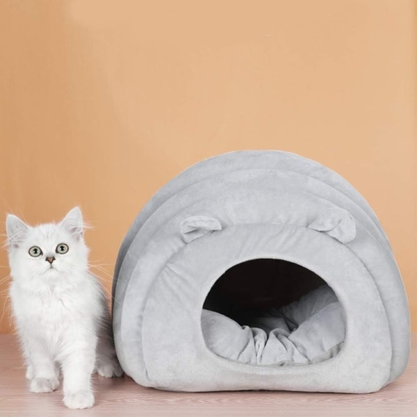 Katt Sovbädd Portabel Stor Kattvalp Igloo Bädd (Ren Grå) - Perfekt