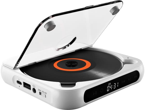 Bärbar Bluetooth CD-spelare med USB C snabbladdning, MP3 WMA-stöd för resor och hemmabruk, vit