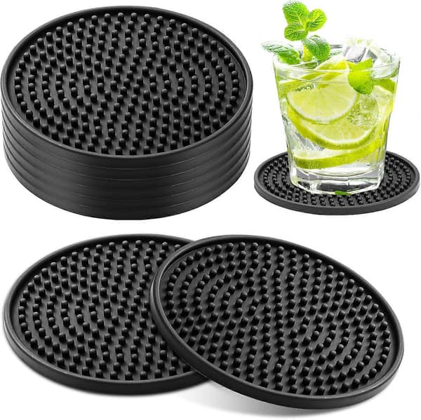 8 stk Sorte Coasters, Tykt Design (0,5 cm), Silikone Coasters til Drikkevarer, Kaffepuder Øl Barmåtte (Sort)