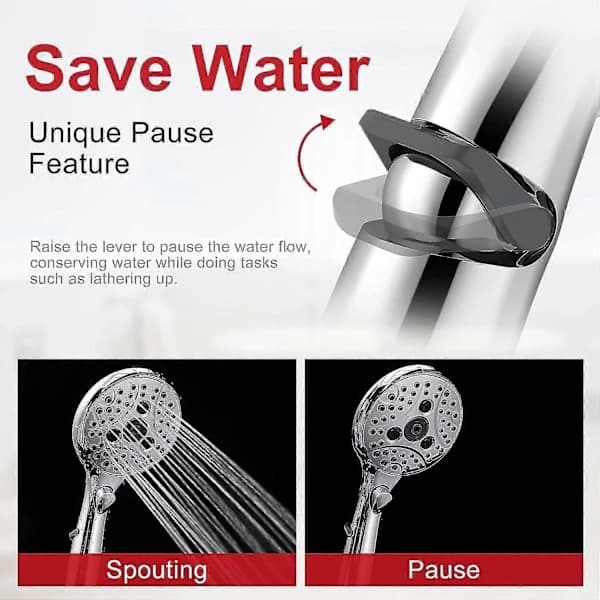 Shower head with water stop button, handheld shower 7.3 l/min with 6 spray settings, on/off button, universal water saving, chrome