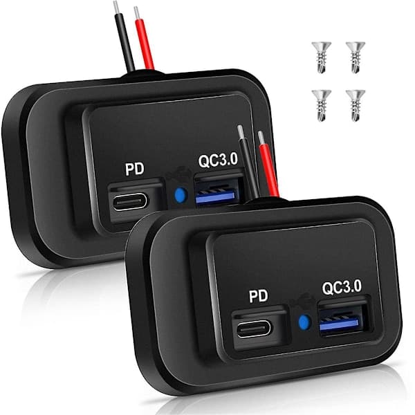 2 stk. 12V/24V Campingvogn USB-stik, Dobbelt PD3.0 Type-C (USB C) & Hurtigopladning QC3.0 USB-A Port Panelmontering C