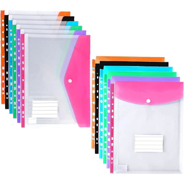 A4 Plastic Pockets with Holes, 12-Pack Expandable Poly Pockets A4, Plastic Pockets for Document Archiving, Waterproof, Office Supplies for School