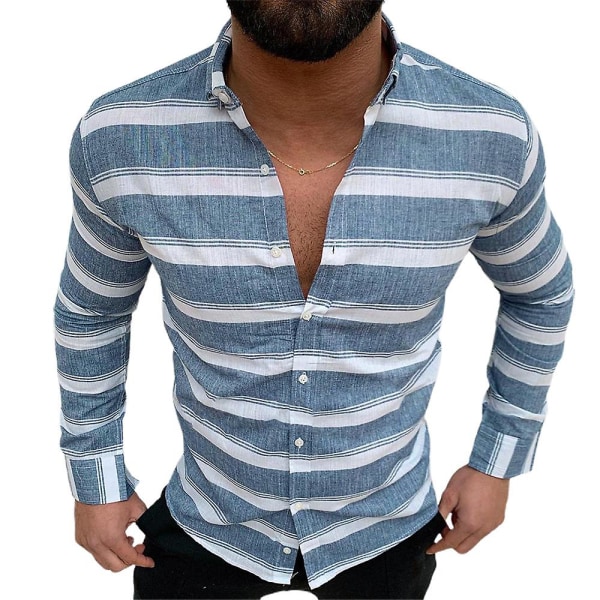Herrrandiga linne långärmade skjortor Sommarlov Casual Button Up Slim Fit Toppar Blus Light Blue 2XL
