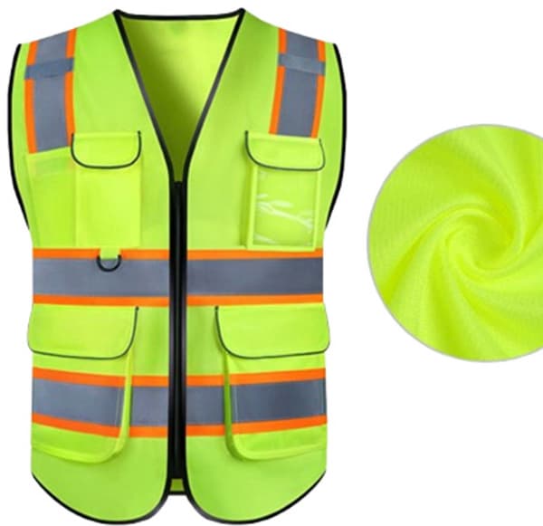 Synlighetsvest, reflekterende polyester med lommer, for bygg og anlegg, trafikkontroll og løping, fluorescerende gul, XXL