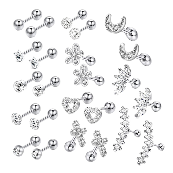 24 st Örhängen Set Mode Skiva Boll Platta Bak Cubic Zirconia Gåvor Hypoallergena Hjärta Tiny för Kvinnor Flickor