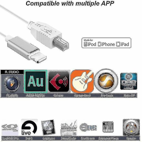 Lightning til Type-B MIDI-keyboardkonverter USB 2.0-kabel til iPhone 7 8 X iPad[DB]
