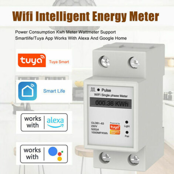 Tuya WiFi Smart Energimåler - Enkeltfaset Måler - Mobil App Kontrol - Vis Spænding, Strøm, Aktiv Effekt og Energiforbrug