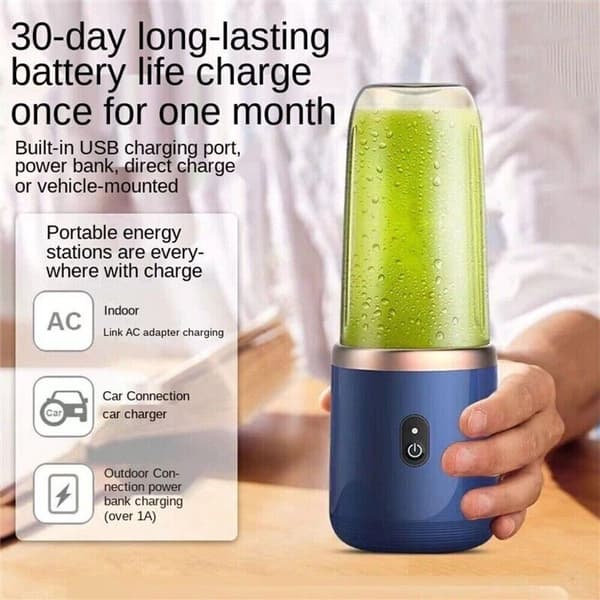 Bærbar blender, 6 kniver i rustfritt stål, USB oppladbar, for smoothies, juicer og reise, 400 ml, blå