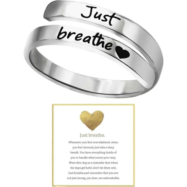 Just Breathe-ring for kvinner, justerbar hjertering, spiralvridd helbredelsesring i rustfritt stål, inspirerende og inderlig gave Sølv One Siz...