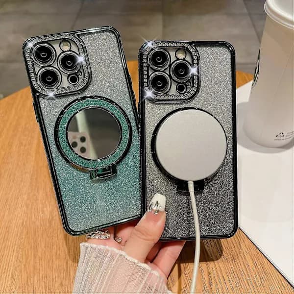 Magnetisk deksel for iPhone 15 Pro PC-stativ TPU-telefondeksel med akrylspeil