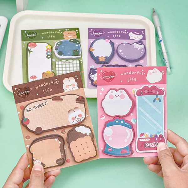 Tegneserie-sticky notes, 4-pak, 12 søde dyredesigns, 20 ark hver, 240 ark i alt, til studerende, børn, skole og kontor
