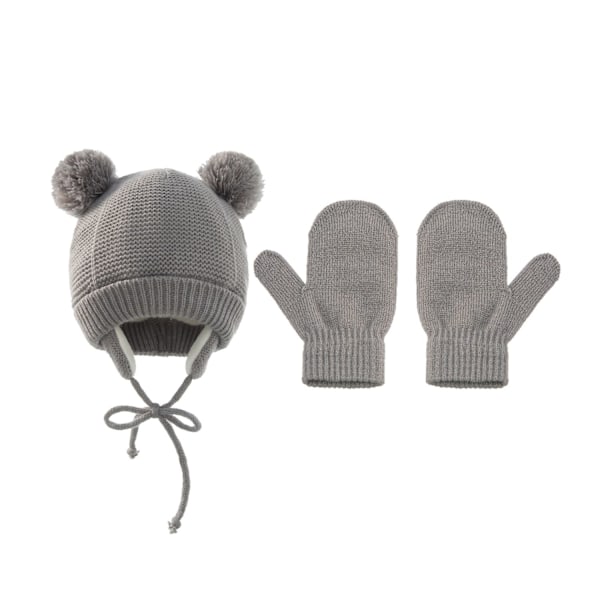 2 st/set Barn Elastisk Mössa Tjock Varm Baby Mössor Pompom Stickad Mössa Öronskydd Vantar Vinter