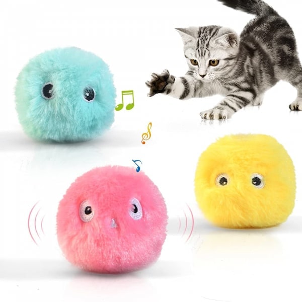 3-pack fluffiga plyschbollar för katter, interaktiva kvittrande leksaker