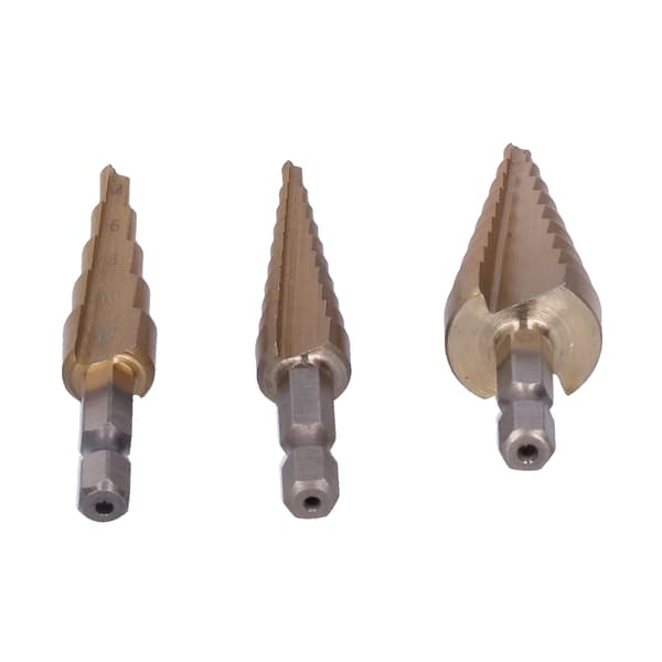3pcs Titanium Coated Step Drill Bit Set Hex Shank Straight Flute Sizes 3-12 4-12 4-20