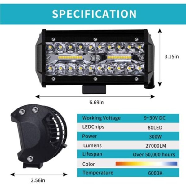12V 300W 7'' LED Arbeidslys - IP67 Vanntett LED Flomlys, Kraftig Spot- og Flombelysning for Bil, Lastebil, Traktor, SUV, Båt (2 Pakning)