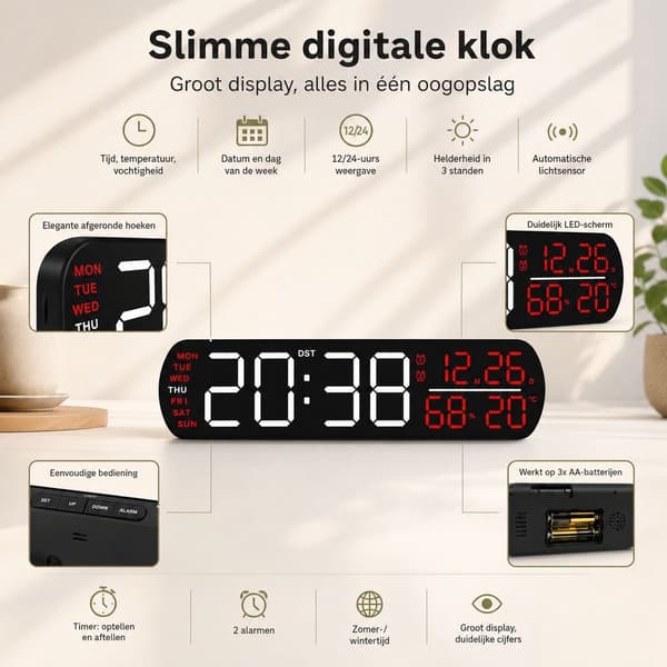 Digital väggklocka med temperatur- och luftfuktighetsdisplay, datum, timer och dubbla larm, stor skärm för hem och kontor, svart