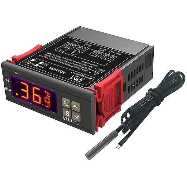 STC-1000 temperaturregulator, 12V 10A allsidig digital termostat med NTC-sonde for beskyttelse, varme og kjøleluke