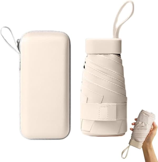Mini reseparaply med förvaringsfodral, 6-ribbat vindresistent UV-skyddsparasoll för kvinnor, flickor, vuxna, barn, beige