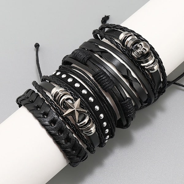 Sæt med 6 læderarmbånd sort brun flettede brede armbånd kvinder mænd punk smykker dødningehoved{HH}