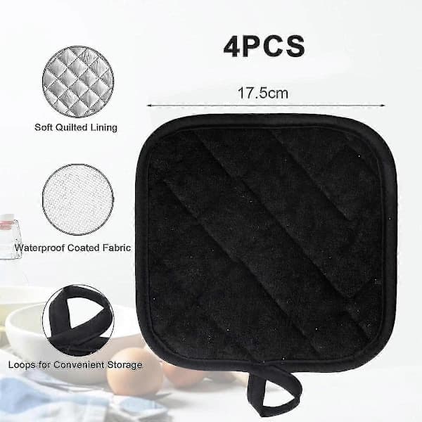 4 pcs Potholders for Cooking and Baking Oven, Microwave Safe Grilling, 18*18cm Black