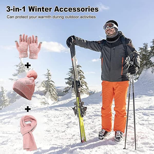 Wintermössa + lång halsduk + vantar Set för kvinnor och män - pink