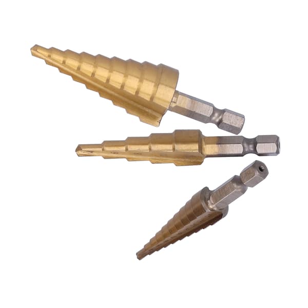 3pcs Titanium Coated Step Drill Bit Set Hex Shank Straight Flute Sizes 3-12 4-12 4-20