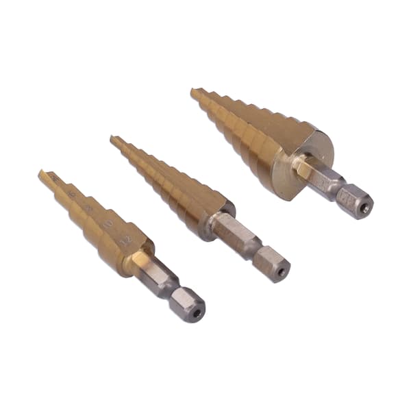 3pcs Titanium Coated Step Drill Bit Set Hex Shank Straight Flute Sizes 3-12 4-12 4-20