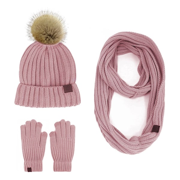 Stickad mössa, halsduk och handskar - Tredelad set för utomhus, Håll dig varm Milky white three-piece set
