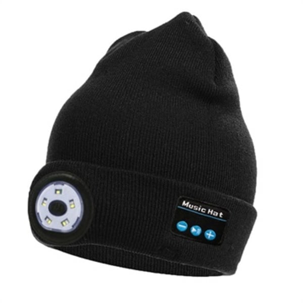 Unisex Strikket Bluetooth-Hue med LED-Lygte - Sort black