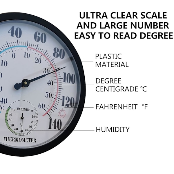 TS-Garden Vægterrasse Vejrtermometer Hygrometer, Stort Tal 10 Tommer i Diameter (sort)