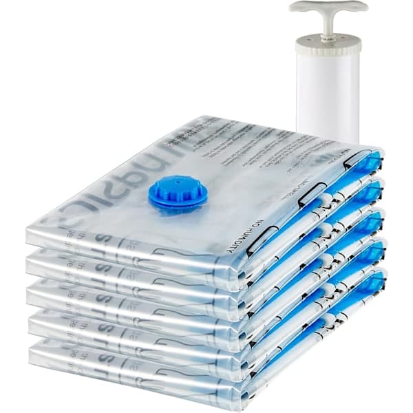 Basics vakuumpåse för kläder med lufttät ventil och handpump – medium, 5-pack, dragkedja, transparent 6-pack (medium)