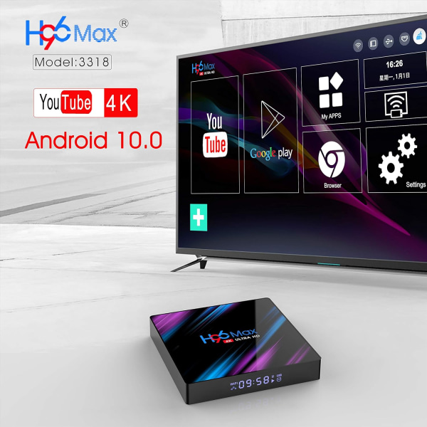 Android 10.0 H96 Max TV Box 4GB RAM 32GB ROM, Penta-Core Mali-450, RK3318 Quad-Core 64bit Cortex-A53, H.265 Avkodning 2,4GHz/5GHz WiFi Smart TV Box EU 4GB/32GB
