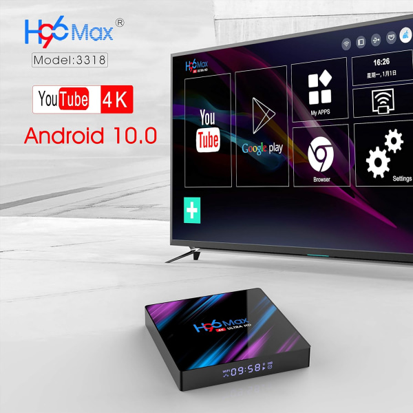 Android 10.0 H96 Max TV-box 4GB RAM 32GB ROM, Penta-Core Mali-450, RK3318 Quad-Core 64bit Cortex-A53, H.265 Dekodning 2.4GHz/5GHz WiFi Smart TV-box EU 4GB/64GB