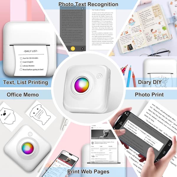 Bluetooth Thermal Printer for Mobile Printing, Inkless Printing for Creative Stickers, Portable Printer with High-Resolution Prints, Versatile