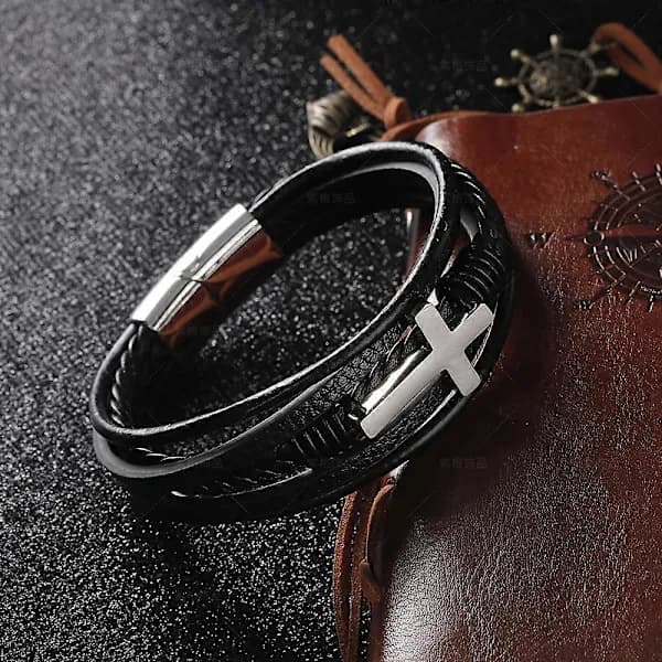 Lær Magnetisk Spenne Kors Rustfritt Stål Armbånd Menn Titanstål