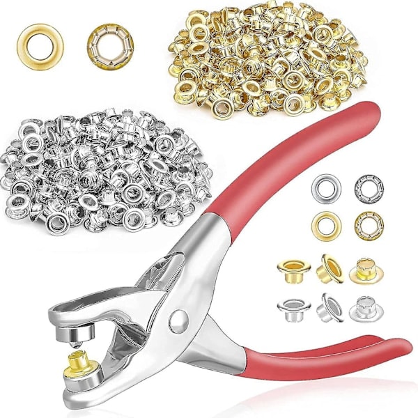 401-delars 1/4 tum 6 mm Öljettset med tång, Öljettverktygssats med 400 metallöljetter i guld och silver