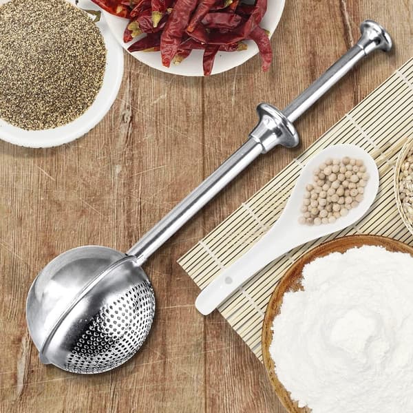 Pulverstrøsett, 2-delt sukker- og melstrøer i rustfritt stål med langt håndtak, for baking, desserter, krydder og te, sølv